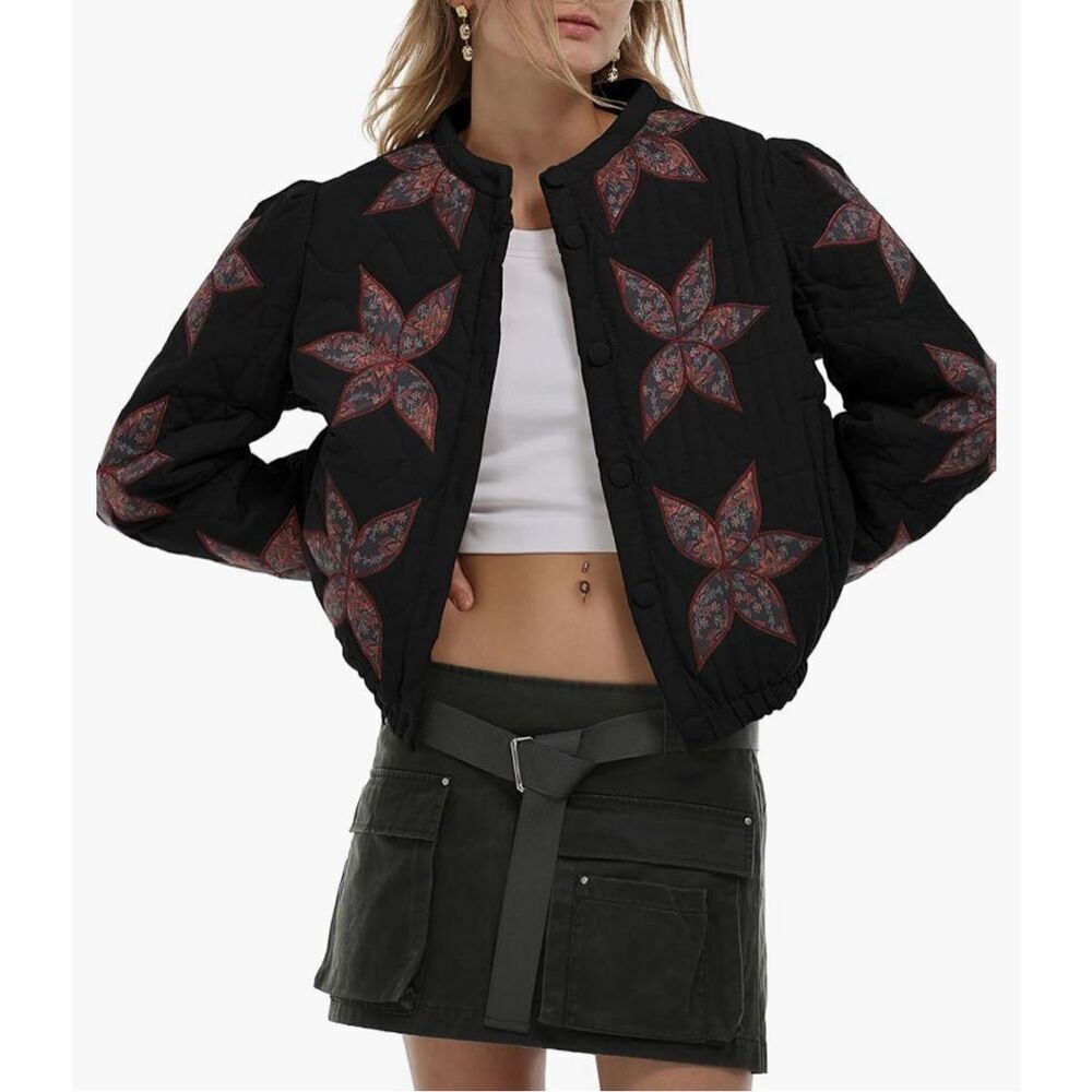 Gacaky Lightweight Floral Embroidered Cropped Quilted Jacket -S